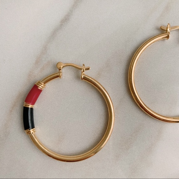 Red Black Enamel Tube Hoops | 18k Gold Filled - Picture 4 of 6